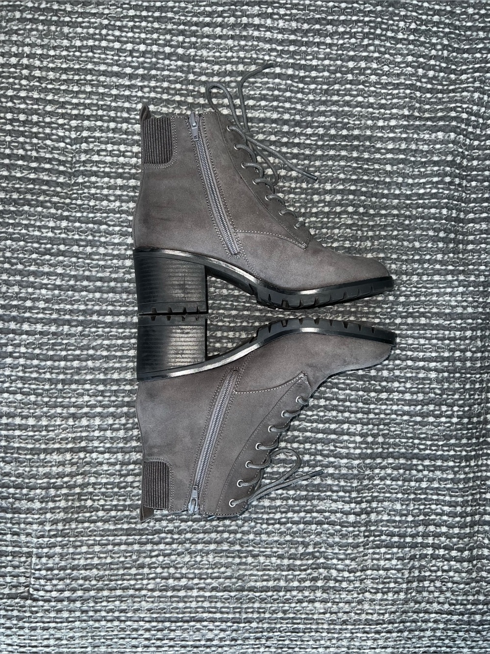 Women’s Gray Suede Lace-Up/Side Zip Block Heel Ankle Boots - Picture 6 of 8